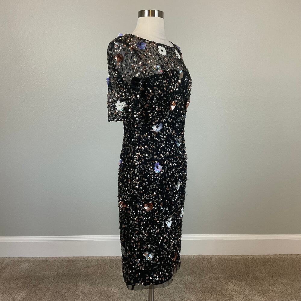 Adrianna Papell Sequined Floral Midi Sheath Cocktail Dress Sparkly Black Size 4 - Picture 3 of 11